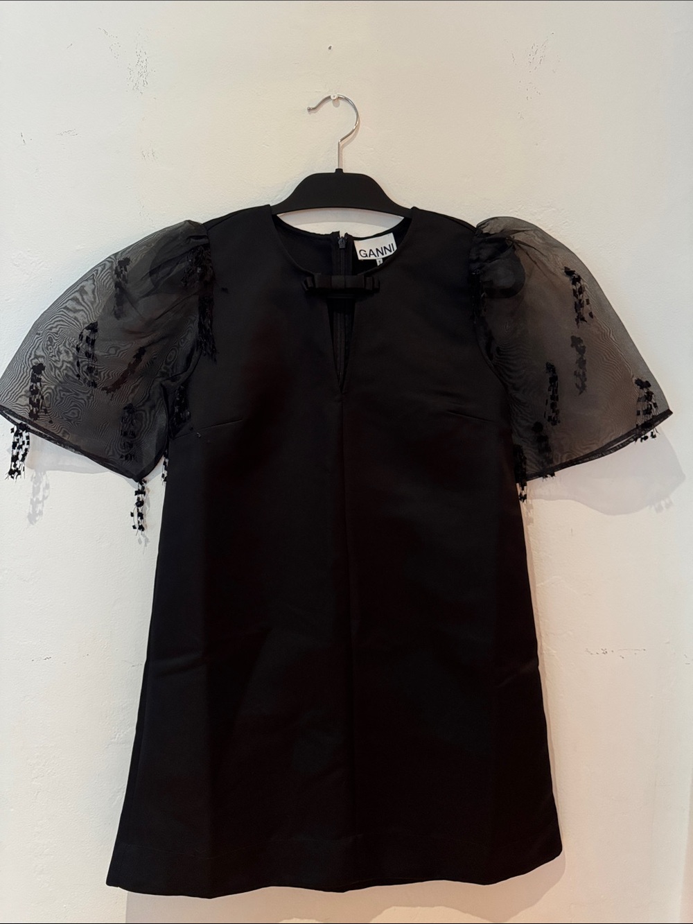 Ganni Black Mini Dress with Sheer Puff Sleeves